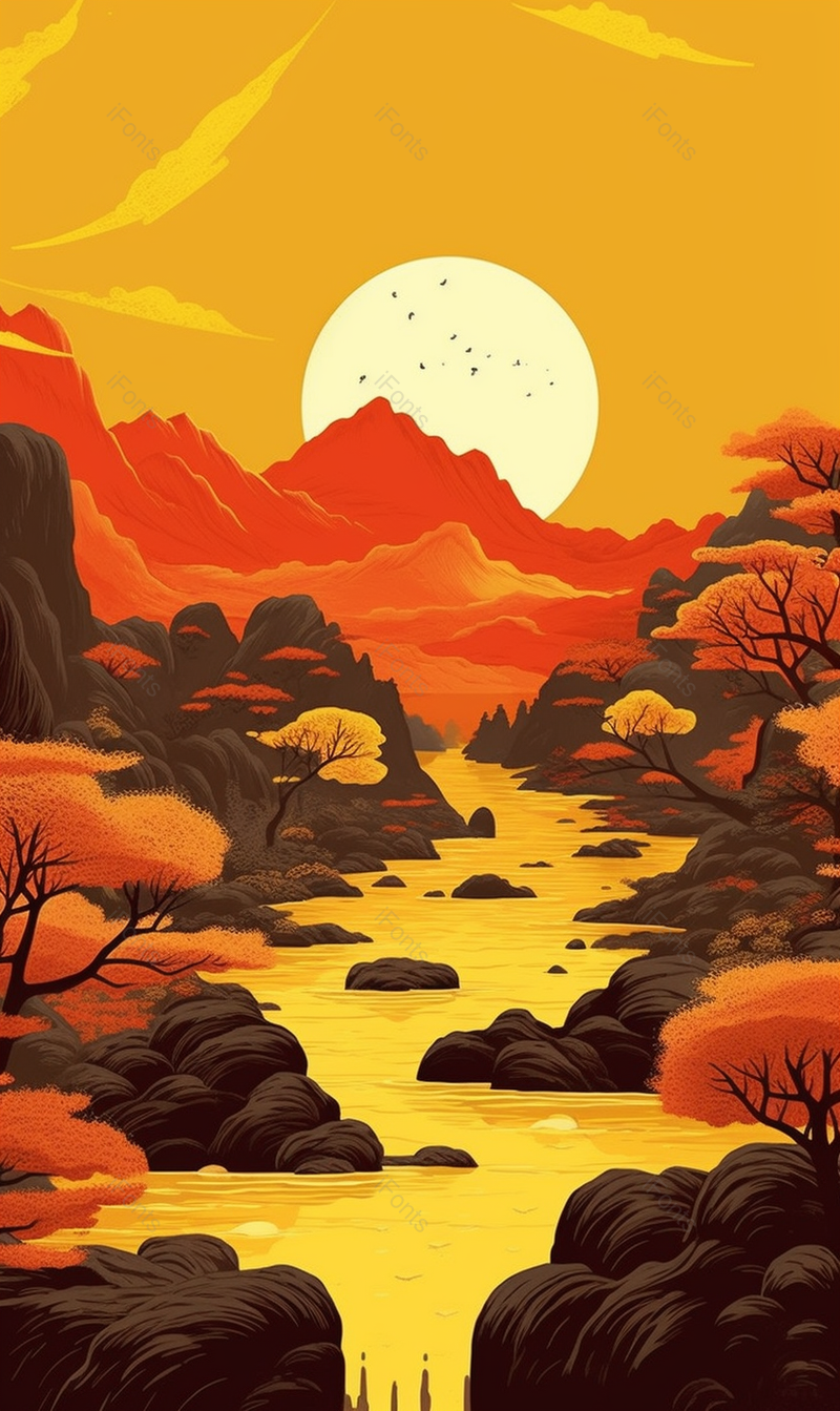 太阳落日远山溪流河畔秋季夏季国风国潮风景竖版插画,插画/手绘图,插画/手绘图库,插画/手绘图下载,插画/手绘
